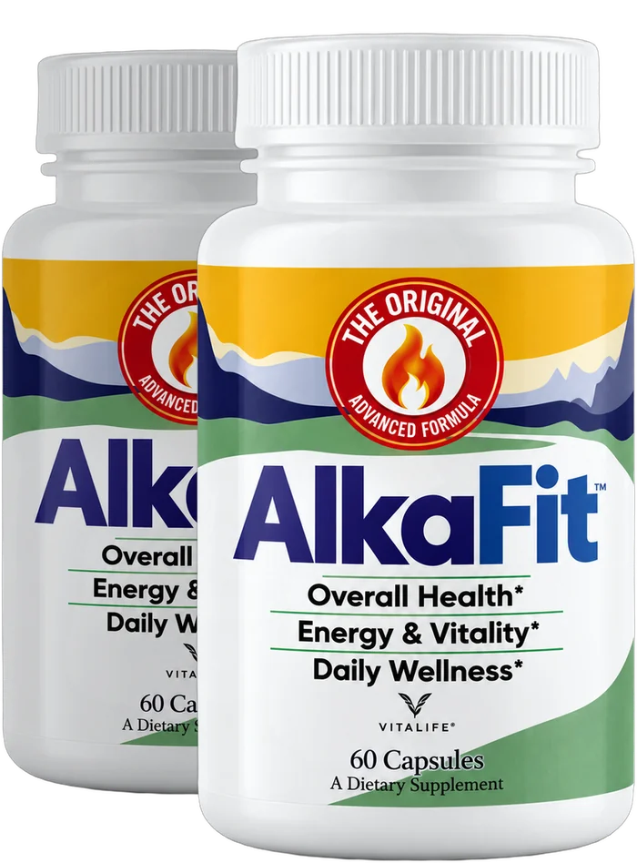 Two bottles of AlkaFit Advanced Formula capsules